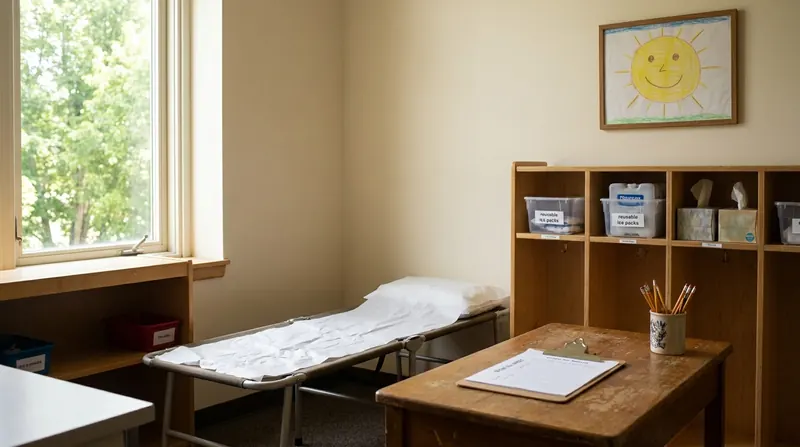 A small elementary school health office with a cot covered in a paper sheet, a wall of cubbies with ice packs and tissue boxes, and a sign-in clipboard on a desk