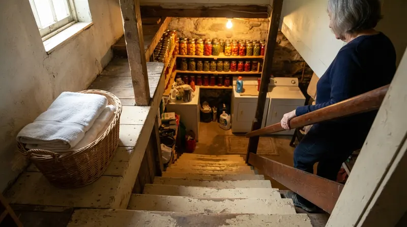 A steep wooden cellar staircase with a worn handrail leading down to a laundry room with shelves of glass canning jars