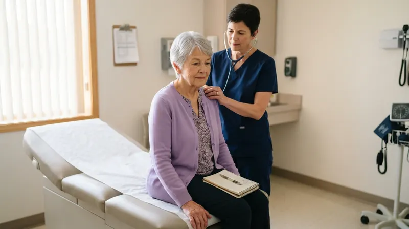 A woman in her sixties sitting on an exam table in a bright clinic room while a clinician listens to her back with a stethoscope