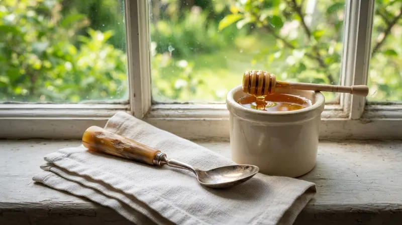 An old horn-handled teaspoon worn thin on one side resting on a folded linen napkin beside a small stoneware crock of golden honey on a windowsill