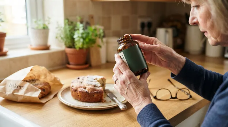 Two hands of an older woman turning a small amber glass syrup bottle to read the back label at a kitchen counter beside a coffee cake