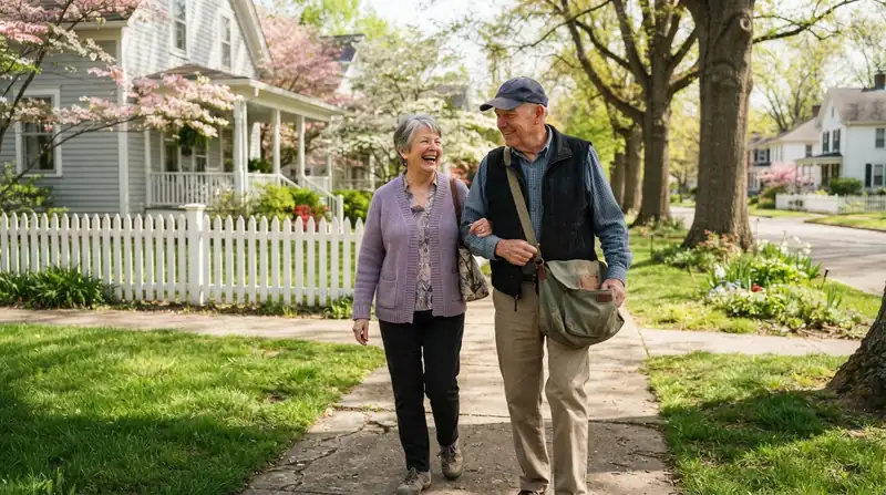 An older couple walking together on a quiet tree-lined small-town street in spring, the man carrying a canvas mail satchel over his shoulder