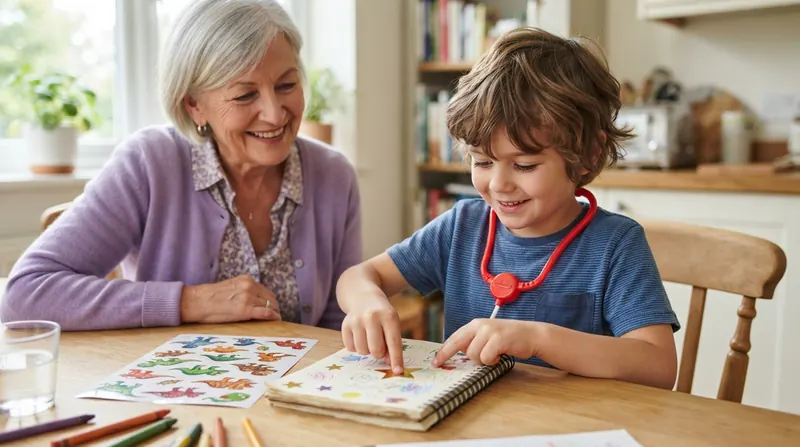 A seven-year-old boy wearing a red toy stethoscope sitting at a kitchen table putting a gold star sticker on a page of a small spiral notebook next to his grandmother