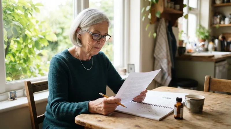An older woman at a kitchen table reading a printed refund policy with a pencil in hand, an amber syrup bottle and a spiral notebook beside her