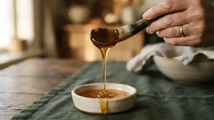 Thick golden syrup slowly falling from an antique horn-handled teaspoon back into a small stoneware dish, slow zoom